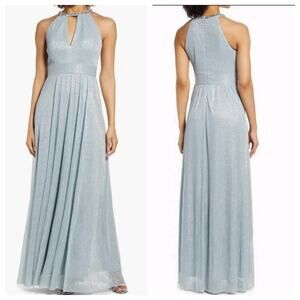 Eliza J Gown metallic light blue halter neck maxi with a beaded neckline size 4